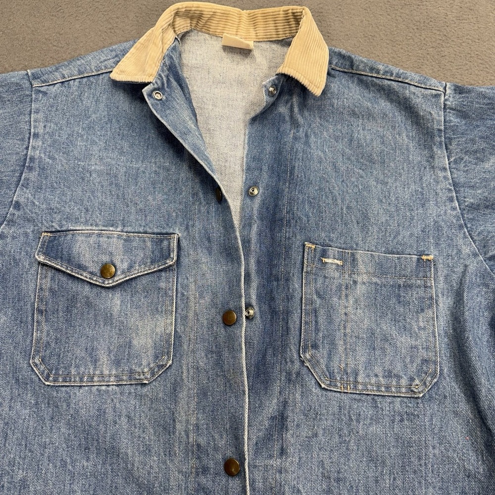 Vtg 80s Denim Chore Coat Sz L Stuffed Shirt Denim Corduroy Collar‎ Barn Jacket - Picture 6 of 13